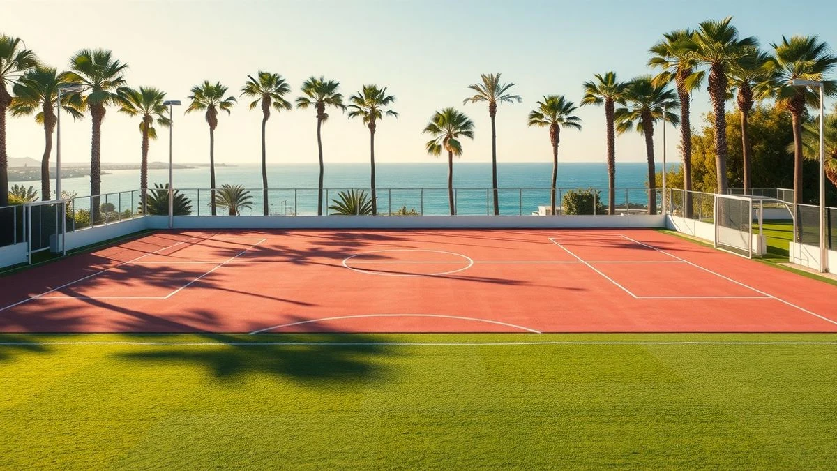 Illustrative image: aerial view of a football field on the Costa del Sol with palm trees and sea in the background.