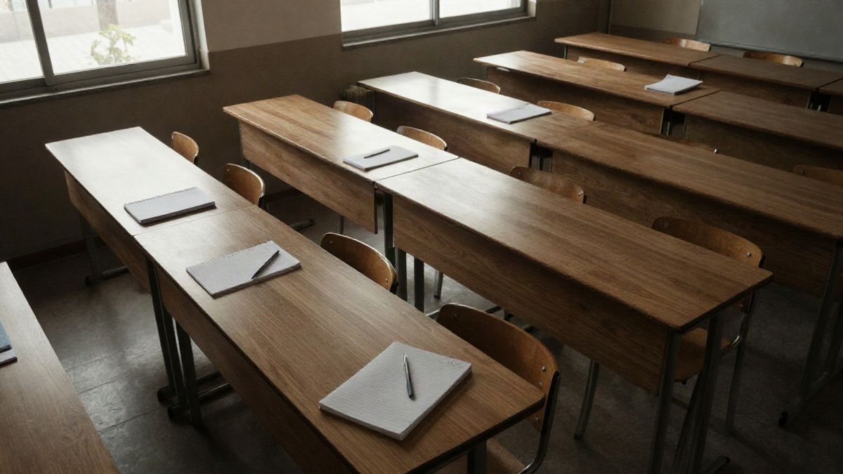 Illustrative image: empty classroom with desks and training material viewed from above