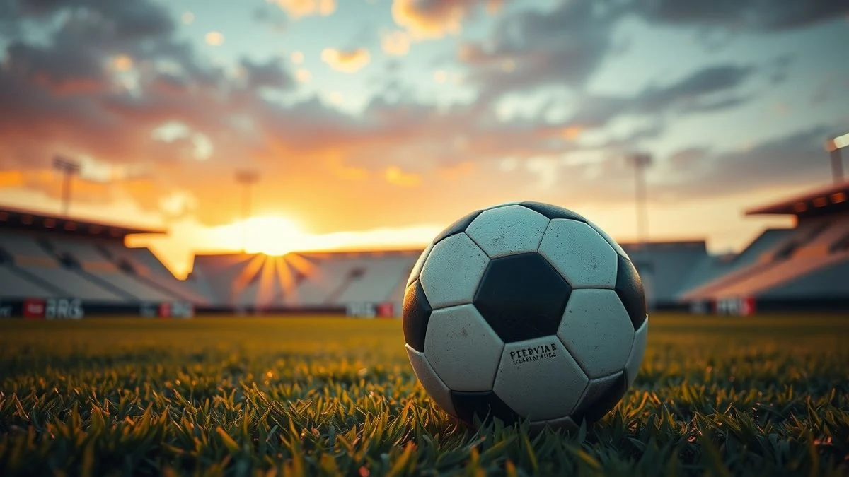 Balón de fútbol sobre el césped de un estadio vacío al atardecer, con portería al fondo