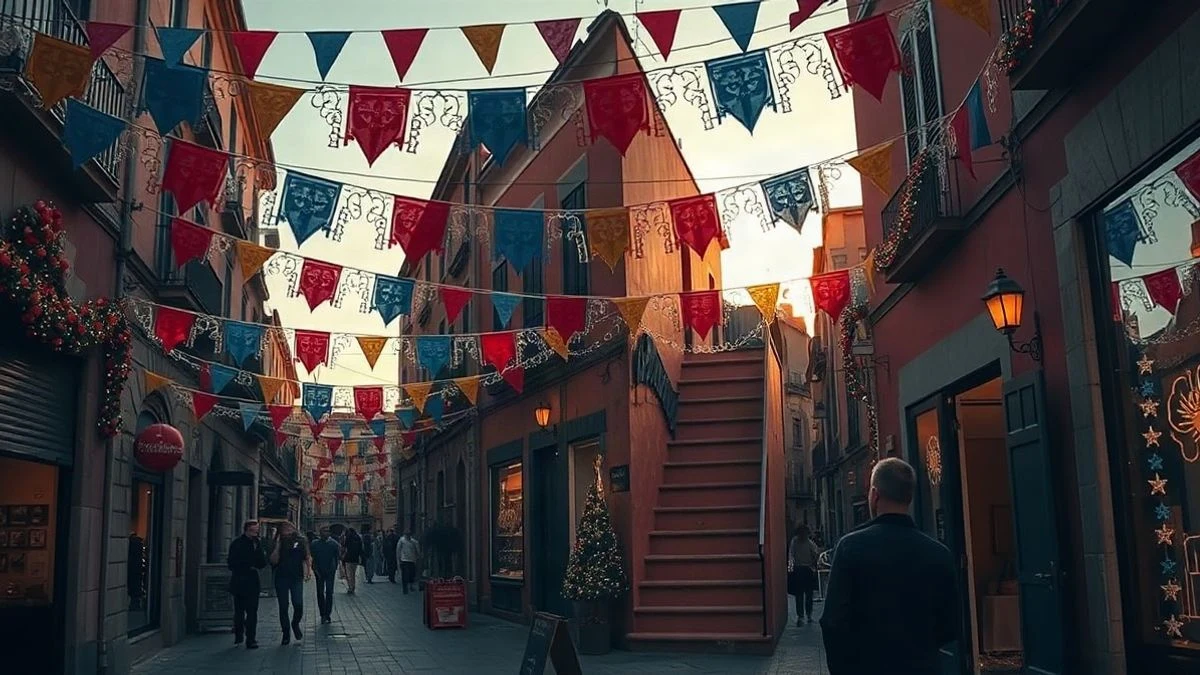 Illustrative image: street decorated with bunting and lights at sunset, with adorned shop windows and elongated shadows.