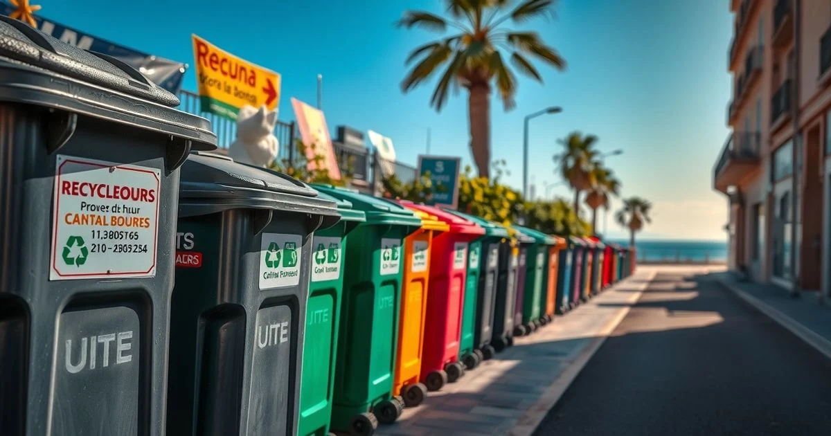 Contenedores de basura en una calle de Marbella con cartel informativo sobre horarios de depósito
