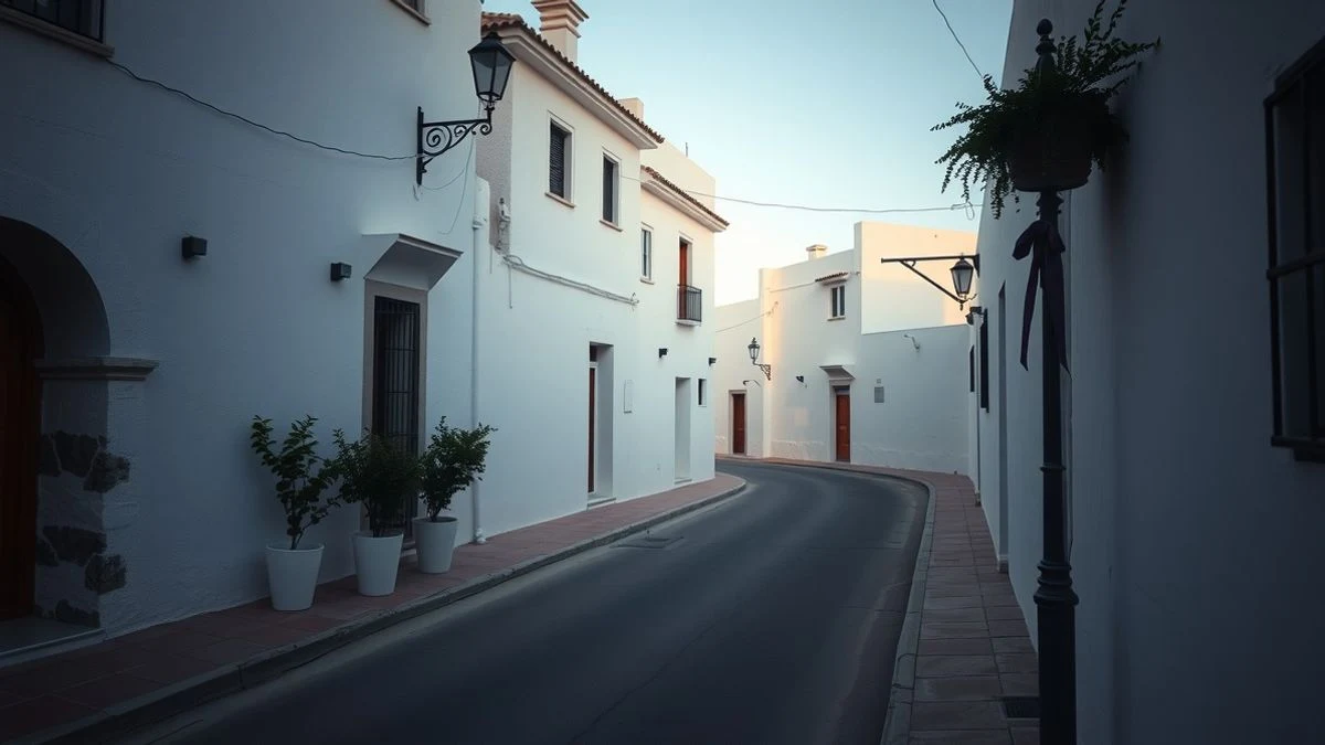 Illustrative image: narrow street of an Andalusian village at sunset, with a purple ribbon tied to a lamppost
