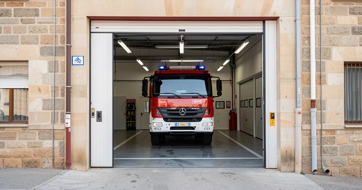 Fire station door with emergency vehicle inside