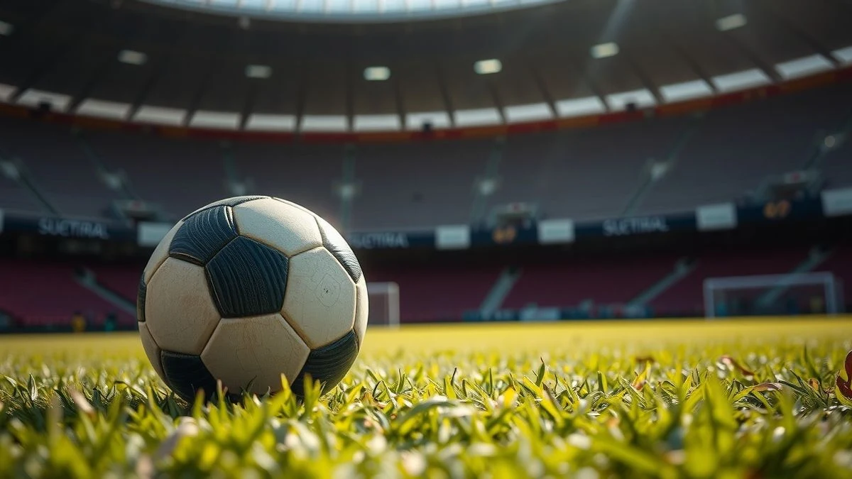 Balón de fútbol sobre el césped en un estadio pequeño con gradas vacías