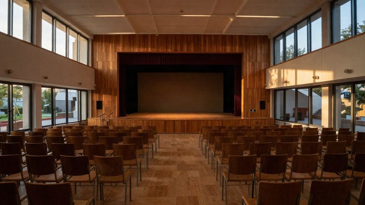 Imagen ilustrativa: interior de un centro cultural con un escenario vacío y luz cálida de atardecer.