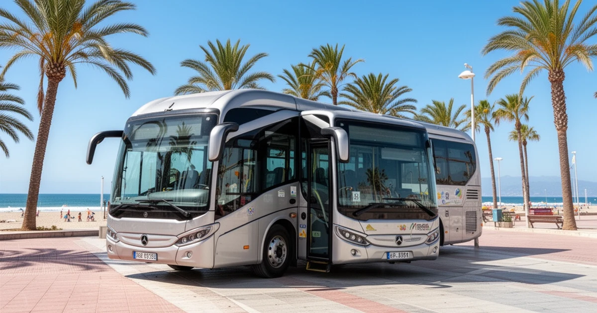 Intercity bus at beach stop in Torremolinos during summer