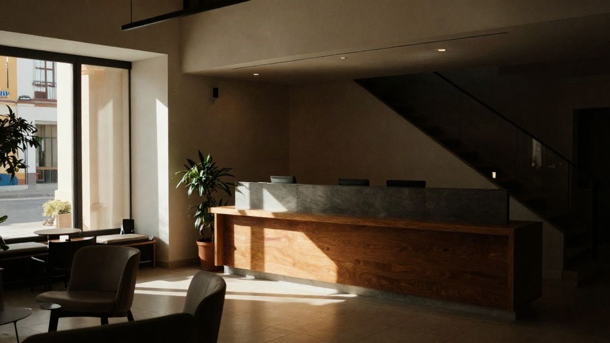 Imagen ilustrativa: interior de un hotel moderno con luz natural entrando por un ventanal lateral