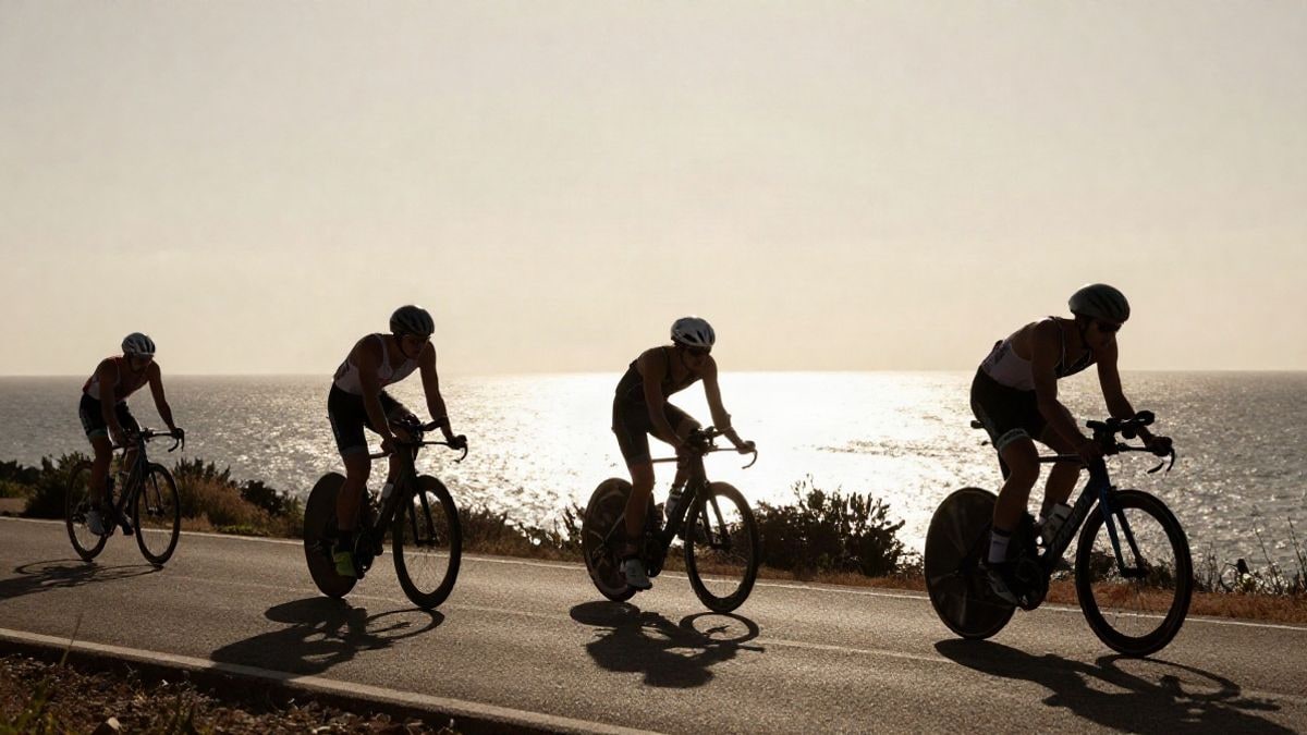 Imagen ilustrativa: siluetas de triatletas en bicicleta por una carretera costera al atardecer