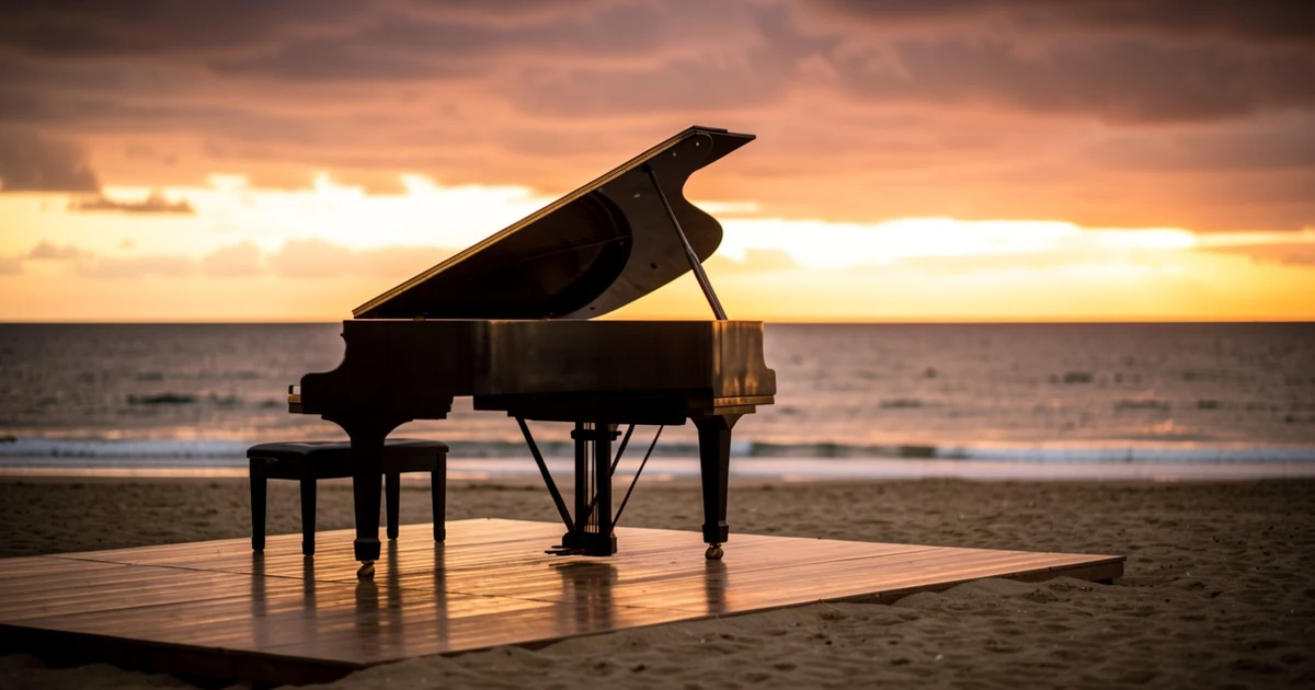 Piano de cola en un escenario vacío frente al mar al atardecer