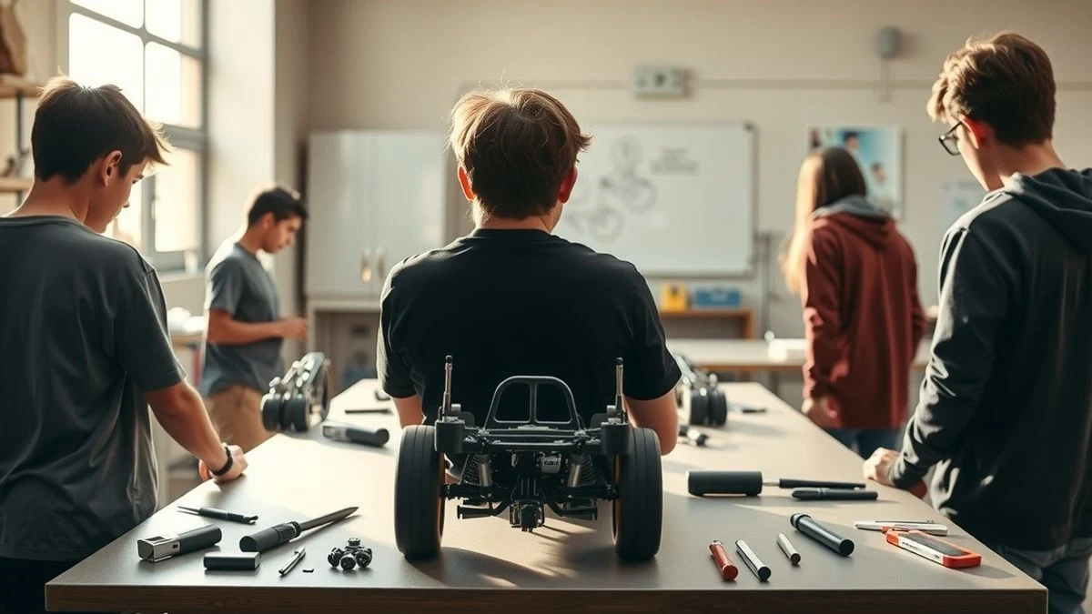 Imagen ilustrativa: estudiantes trabajando en un prototipo de coche de carreras a escala en un taller escolar iluminado por la luz de la tarde.