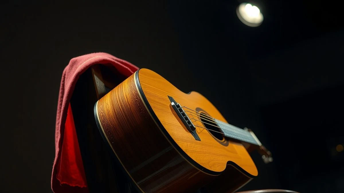 Illustrative image: flamenco guitar on a wooden chair with a red shawl, in a dimly lit room
