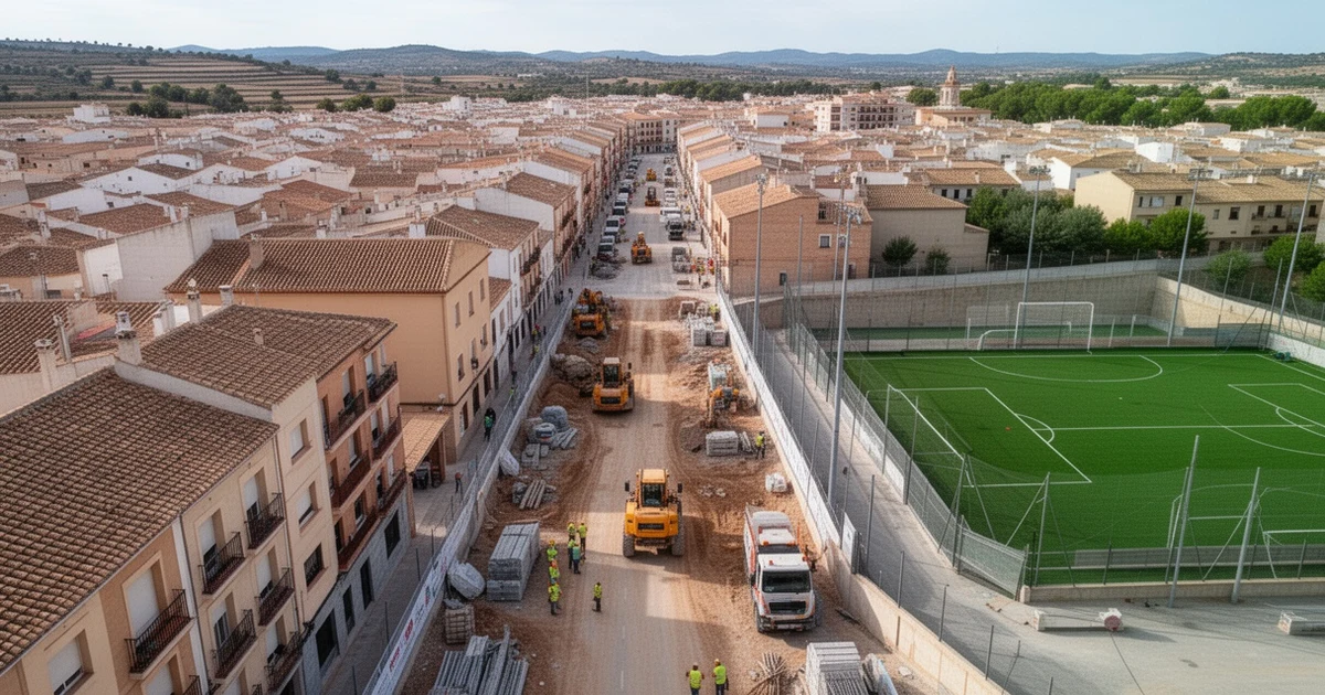 Vista aérea de obras de urbanización en Villanueva del Trabuco