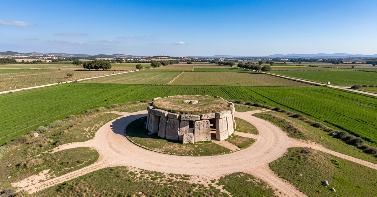 Vista aérea del dolmen de Menga en Antequera con campos verdes