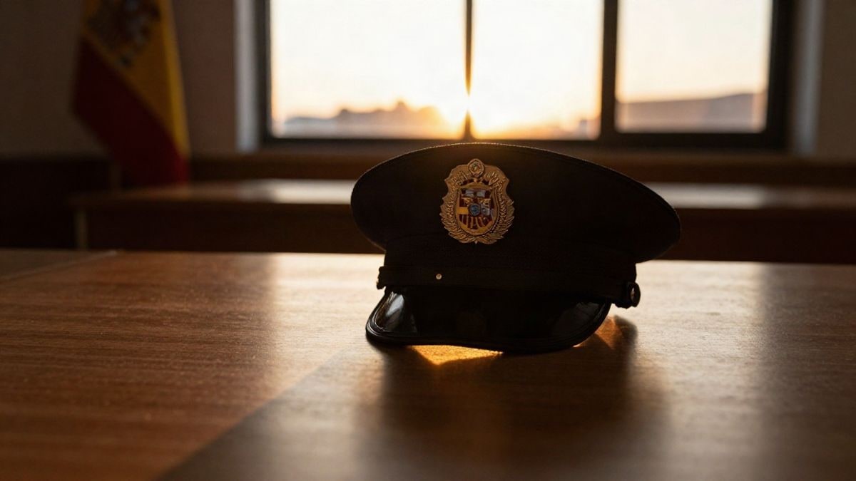 Imagen ilustrativa: silueta a contraluz de una gorra y una insignia sobre una mesa al atardecer