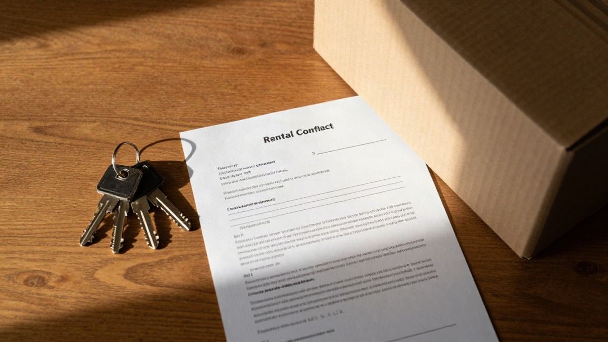 Imagen ilustrativa: vista cenital de unas llaves y un contrato de alquiler junto a una caja de mudanza