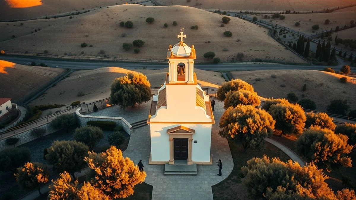 Vista aérea de una iglesia andaluza encalada con campanario entre olivos al atardecer