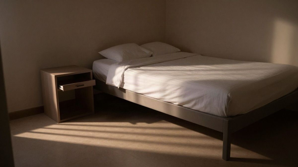 Illustrative image: empty hotel room at sunset with long shadows on the bed