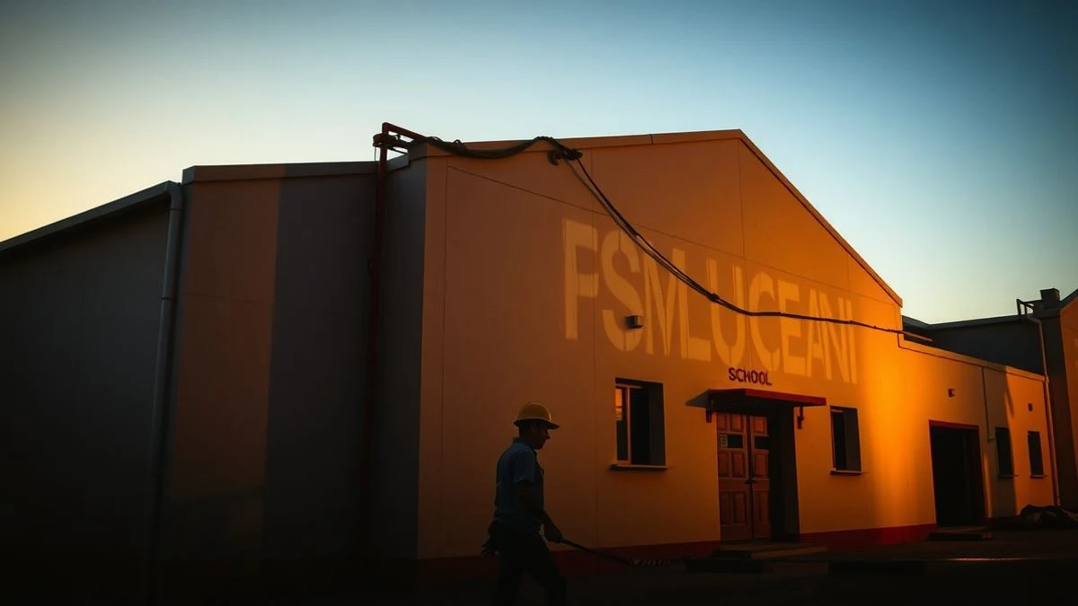 Illustrative image: facade of a school at sunset, with long shadows and a worker in the background performing maintenance tasks.