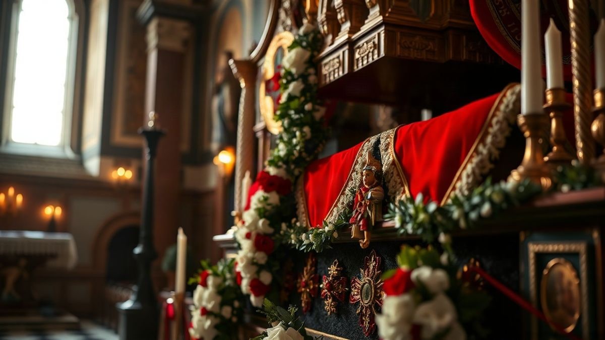 Imagen ilustrativa: primer plano de un paso procesional decorado con flores y velas en el interior de una iglesia.