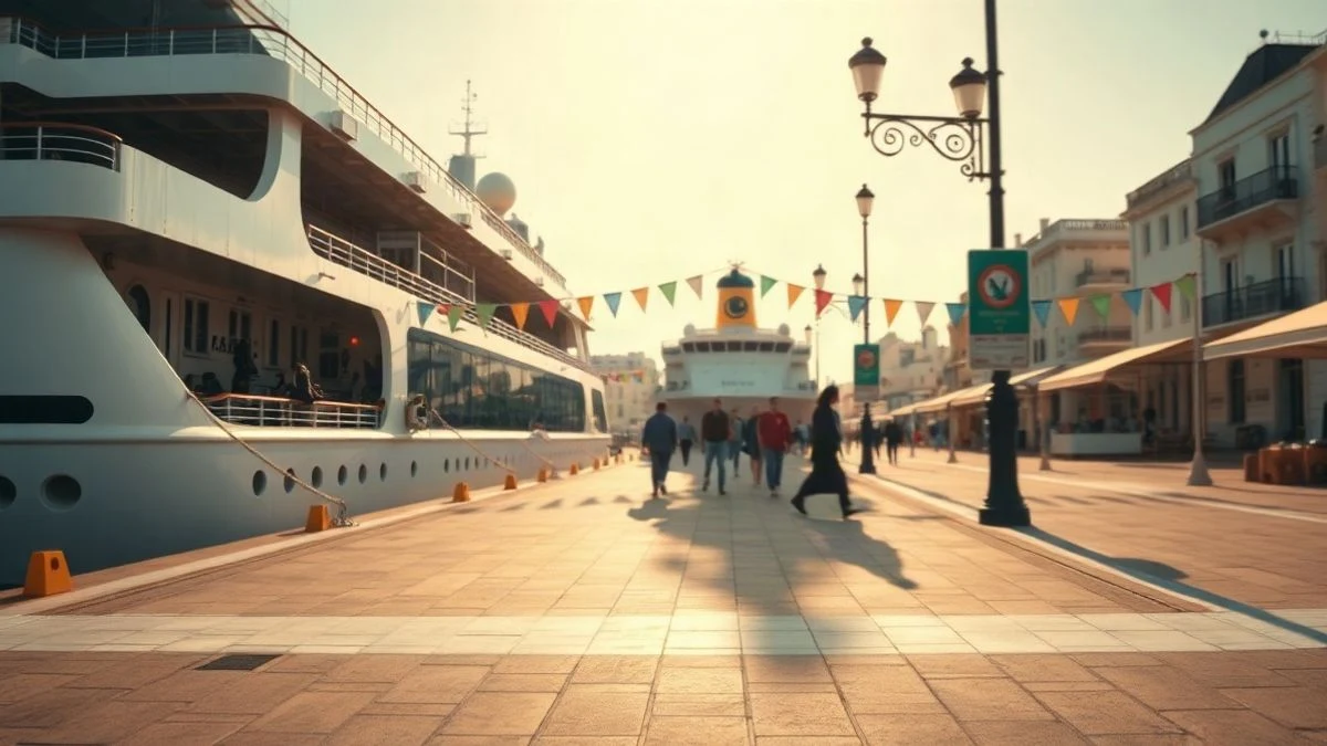 Illustrative image: a cruise ship docked at a Mediterranean port with a gangway descending to the dock, festive atmosphere in the background.
