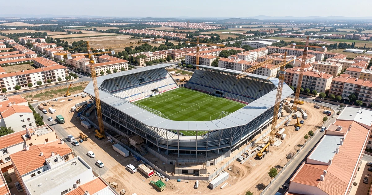 Vista aérea de la construcción del nuevo estadio del Málaga CF junto a la Universidad