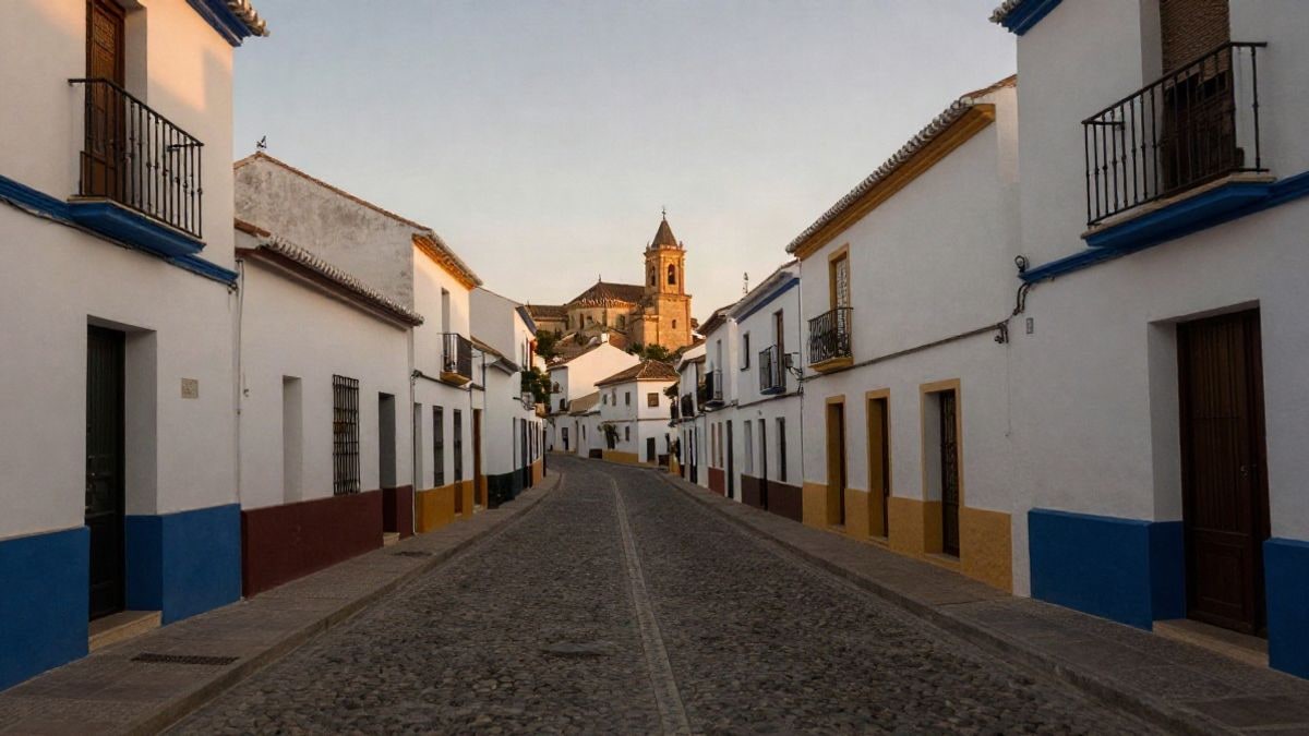 Imagen ilustrativa: calle encalada de un pueblo andaluz al atardecer con líneas que convergen hacia una torre