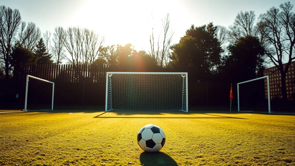 Campo de fútbol vacío con portería y balón en el punto de penalti, luz natural dramática