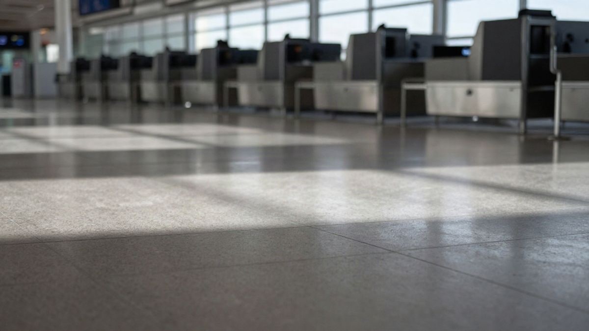 Imagen ilustrativa: detalle del suelo de hormigón pulido de una terminal aeroportuaria moderna con mostradores desenfocados al fondo