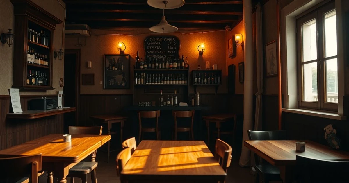 Interior de un bar tradicional español con mesas de madera y estanterías con botellas, luz cálida y ambiente acogedor