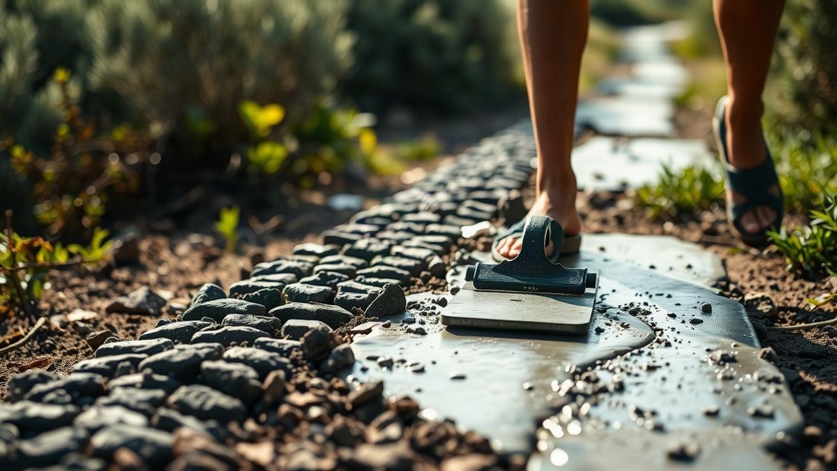 Illustrative image: a section of rural path with freshly poured concrete and a trowel, surrounded by Mediterranean vegetation