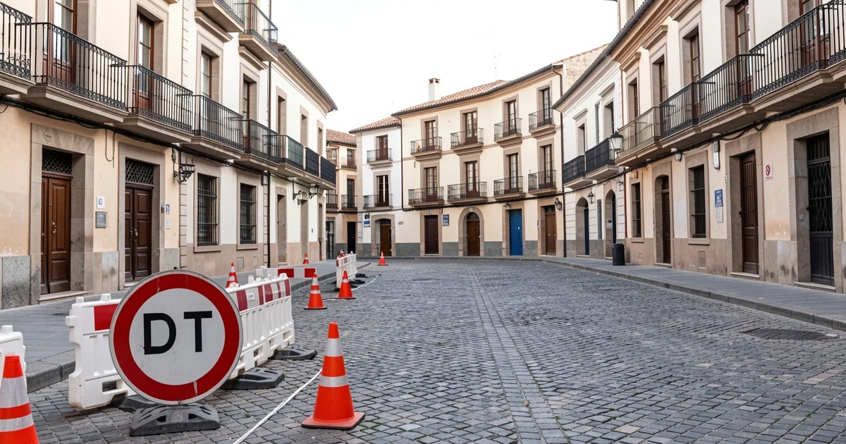 Obras en una plaza con vallas y señal de desvío en Málaga