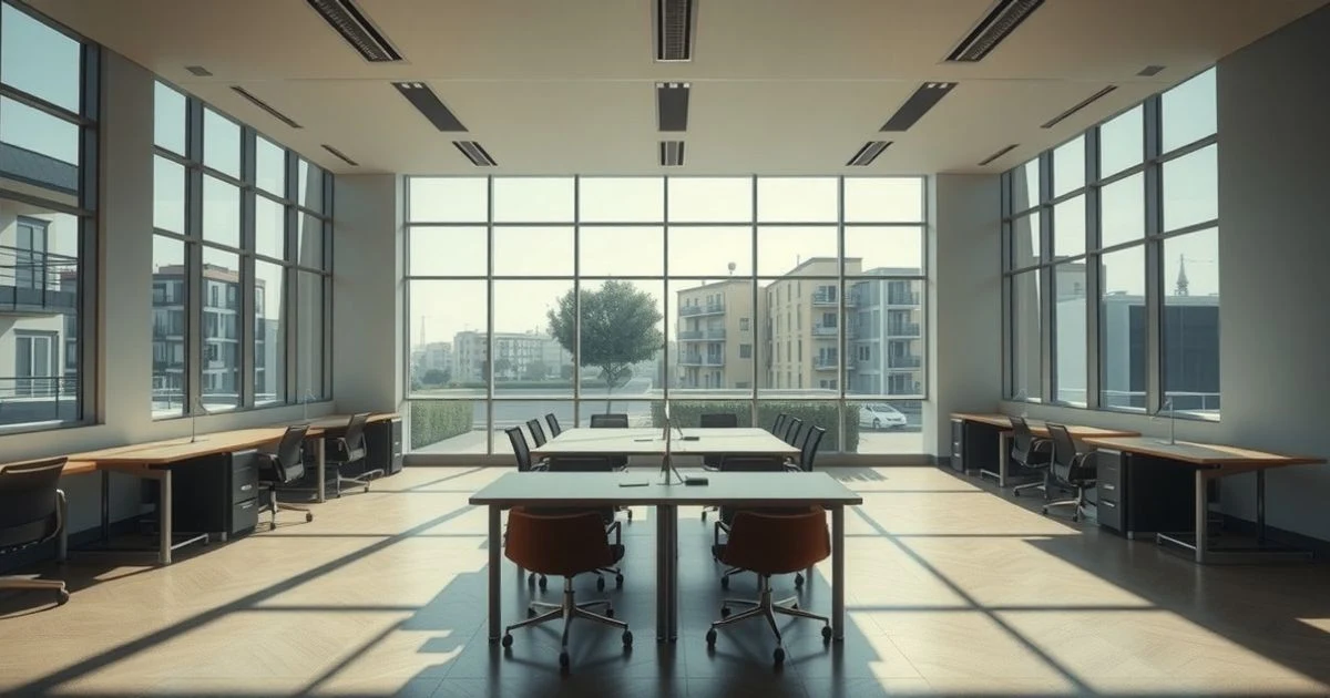 Interior de una oficina moderna vacía con luz natural, mesas y sillas