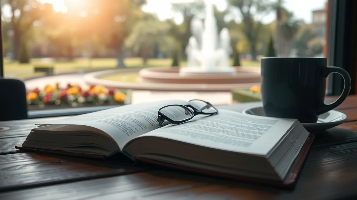 Libro abierto sobre una mesa de madera con gafas y café, fondo de parque borroso