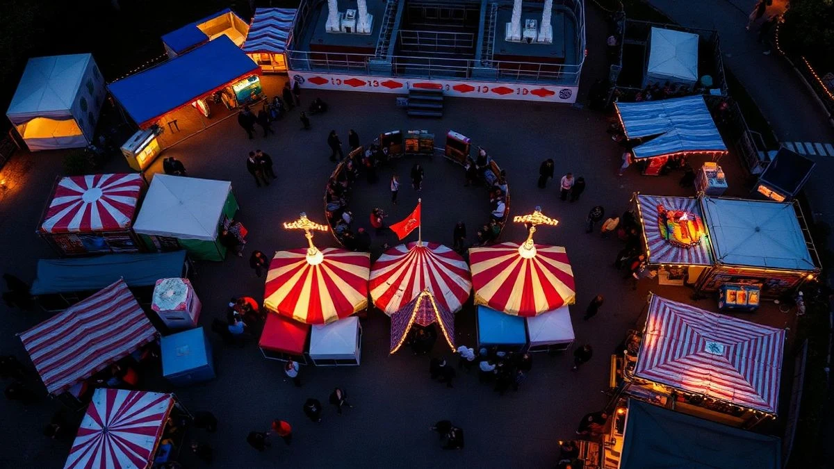 Imagen ilustrativa: vista cenital de un recinto ferial iluminado al atardecer, con casetas y atracciones dispuestas en círculo.