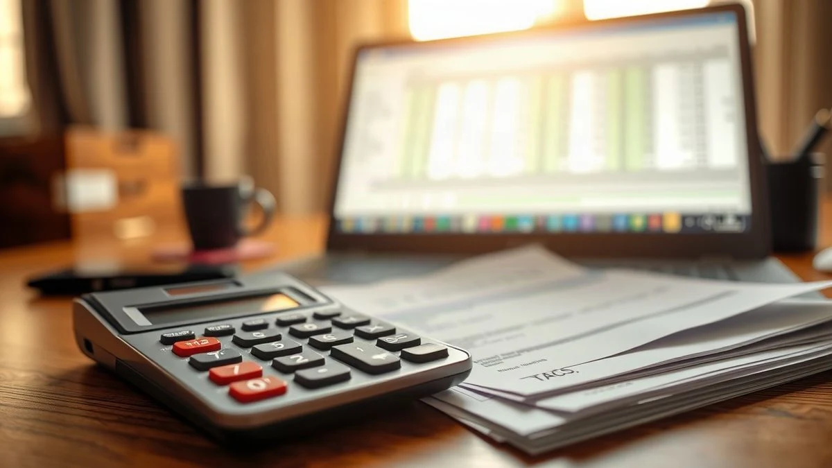 Imagen ilustrativa: primer plano de una calculadora y formularios fiscales sobre una mesa de madera, con un ordenador portátil al fondo