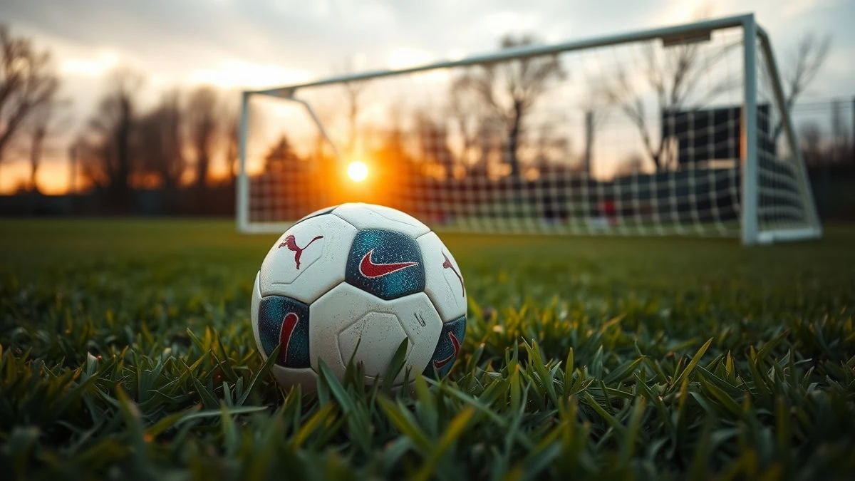 Imagen ilustrativa: un balón de fútbol sobre el césped con una portería al fondo al atardecer.