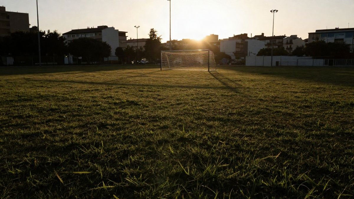 Illustrative image: municipal sports field at sunset with long shadows and goal in the background