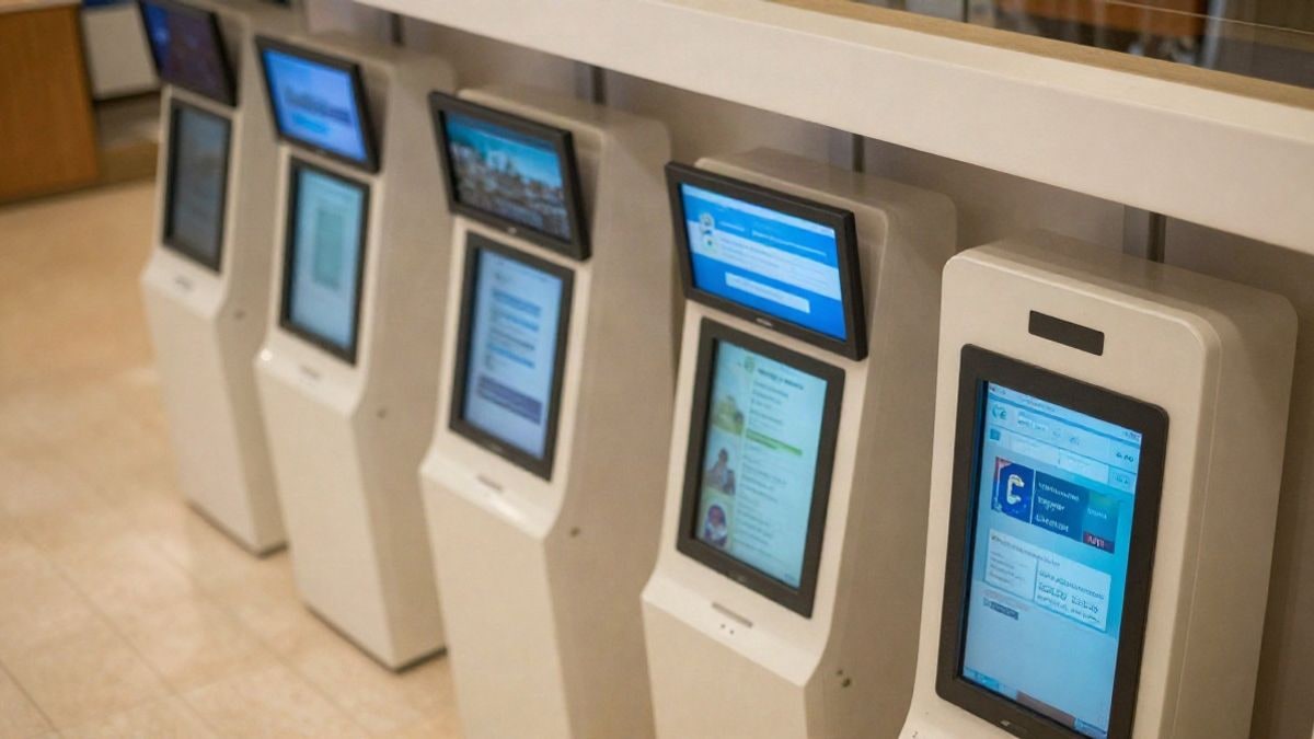 Imagen ilustrativa: vista cenital de una oficina de turismo moderna con pantallas digitales y tótems interactivos