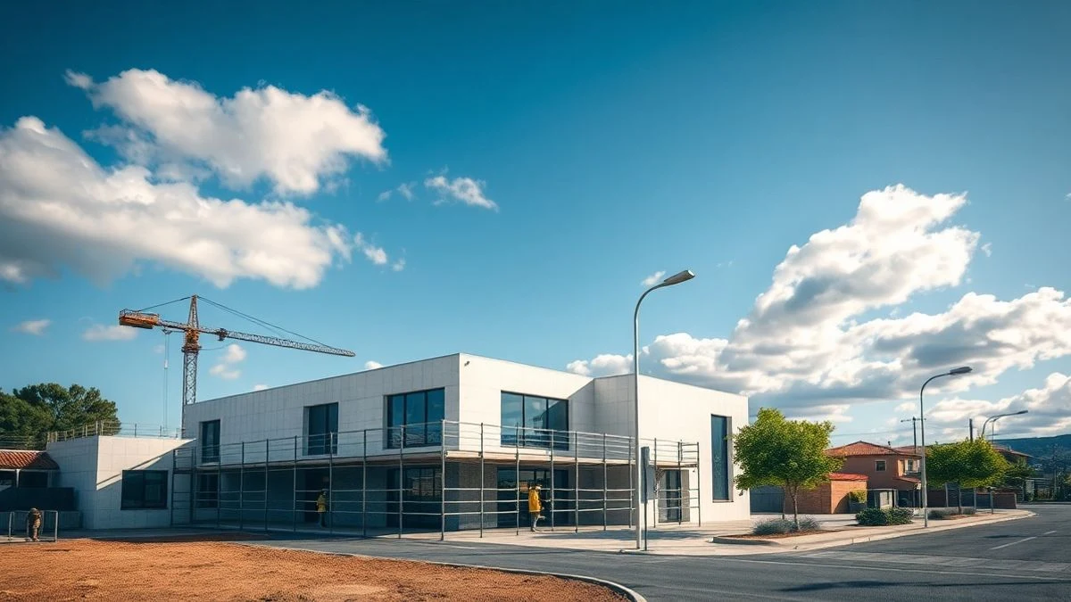 Imagen ilustrativa: edificio moderno en construcción con andamios, en un entorno mediterráneo soleado.