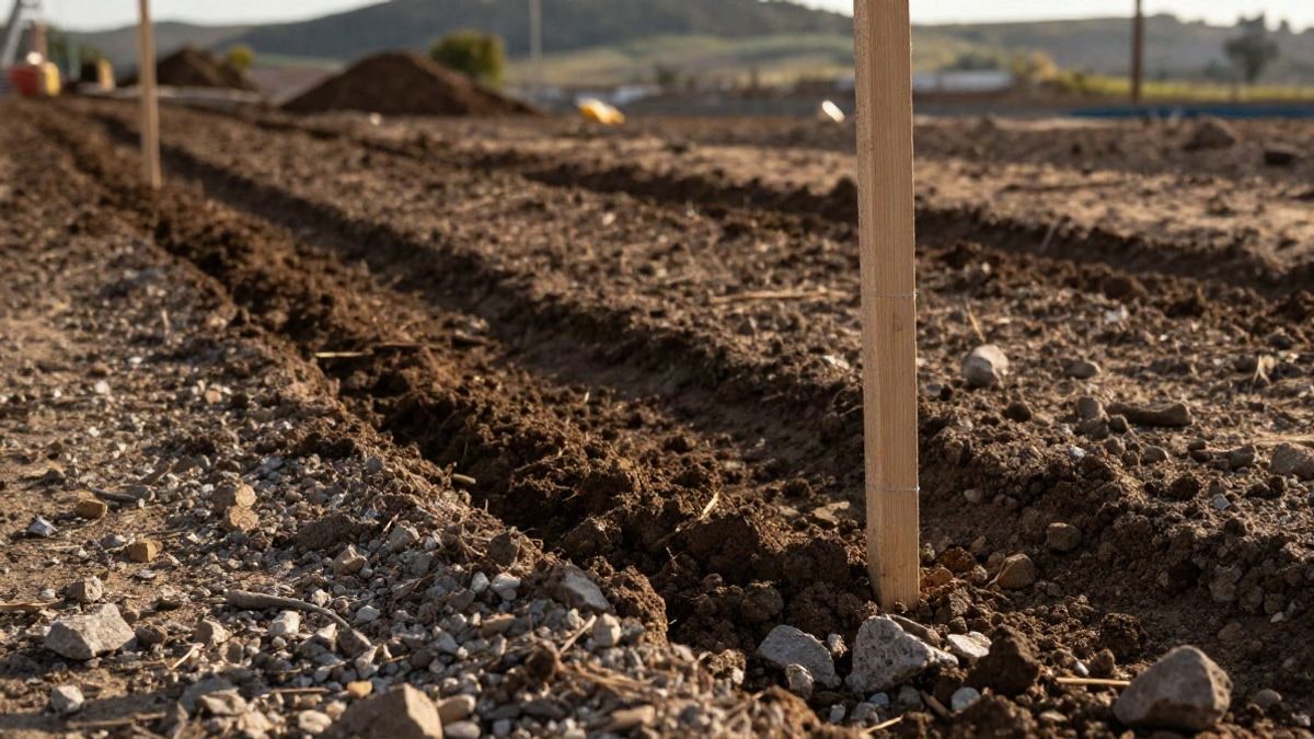 Illustrative image: detail of excavated earth and construction stakes in a sports area