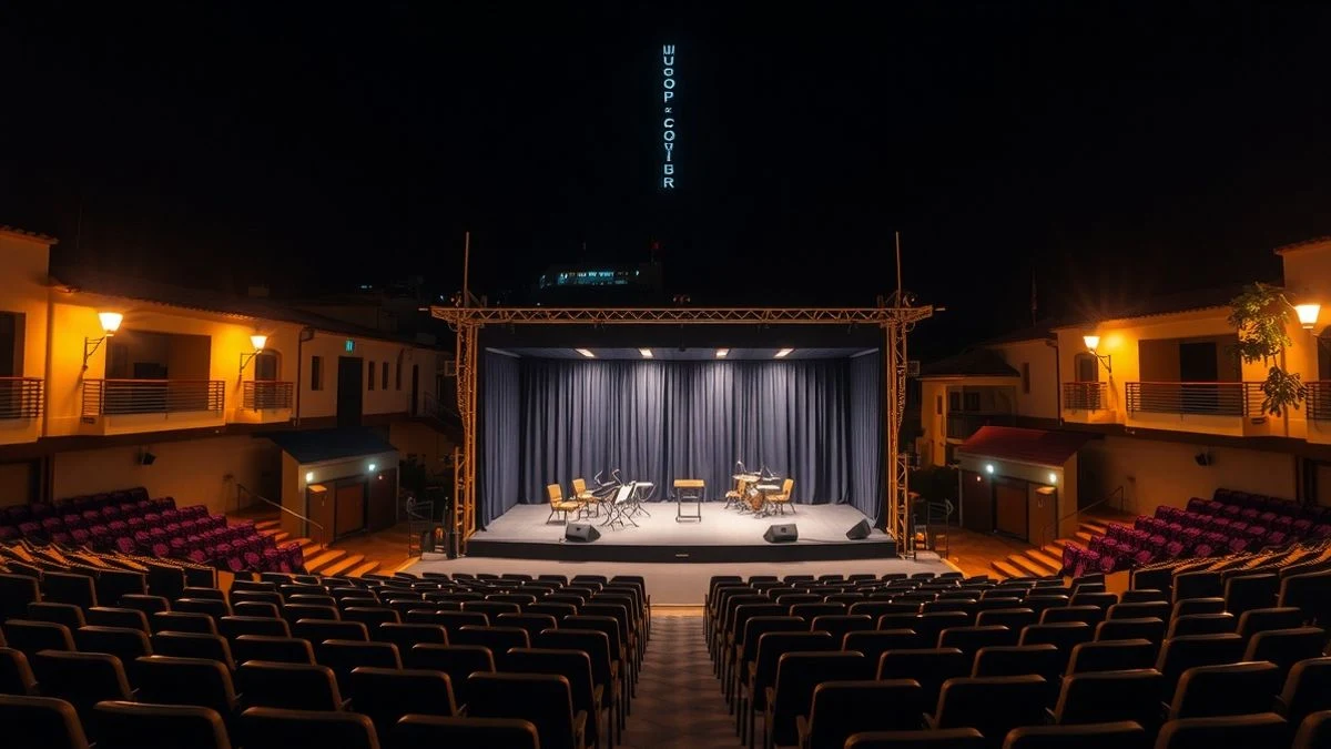 Imagen ilustrativa: un auditorio al aire libre de noche con el escenario iluminado y sillas vacías en un pueblo costero español.