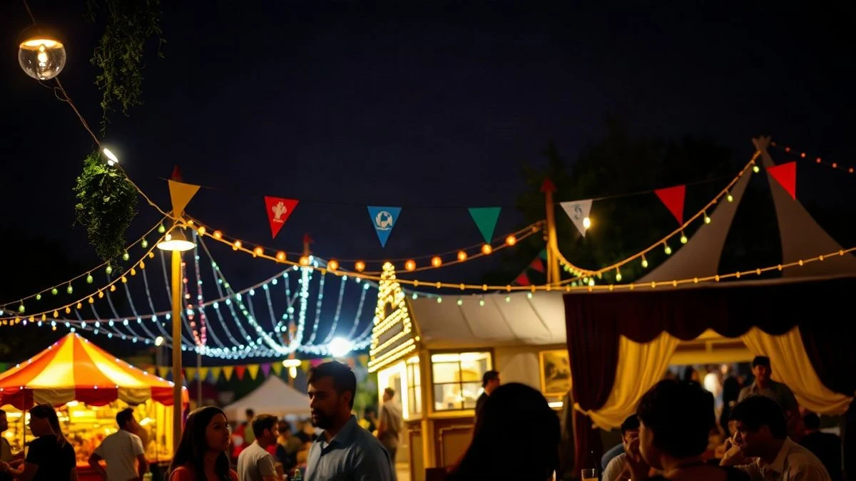 Imagen ilustrativa: ambiente festivo en una caseta de feria iluminada con luces de colores y gente de fondo desenfocada.