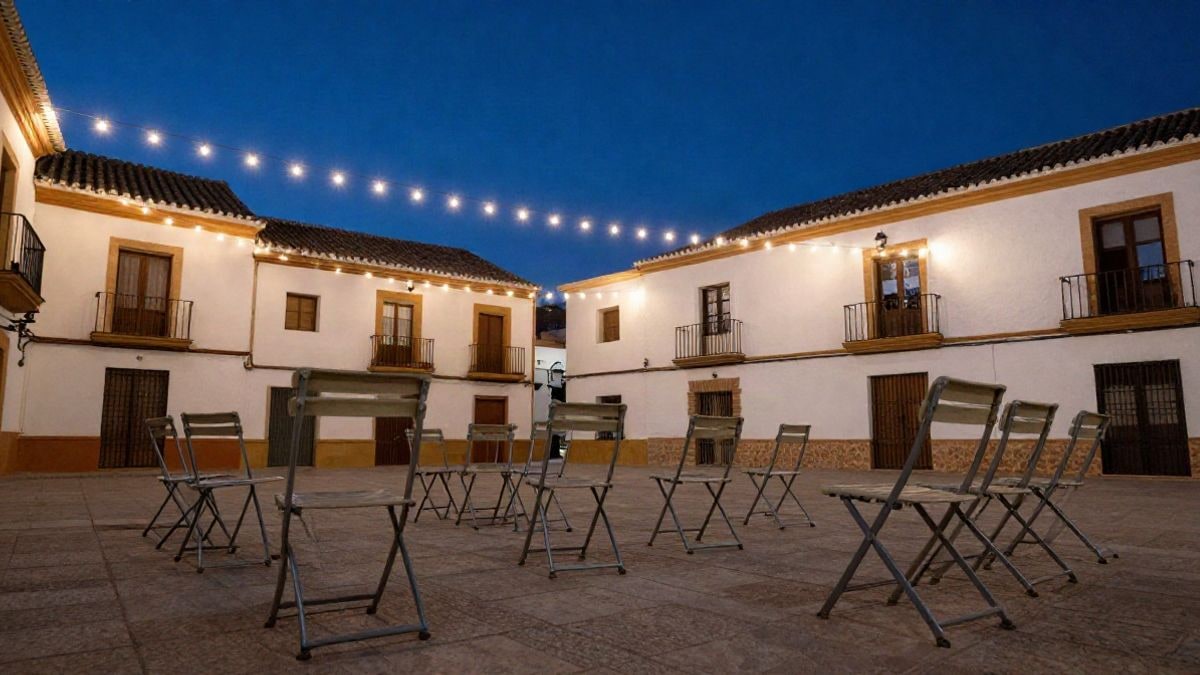 Illustrative image: Andalusian square at sunset with folding chairs and fair lights, no people