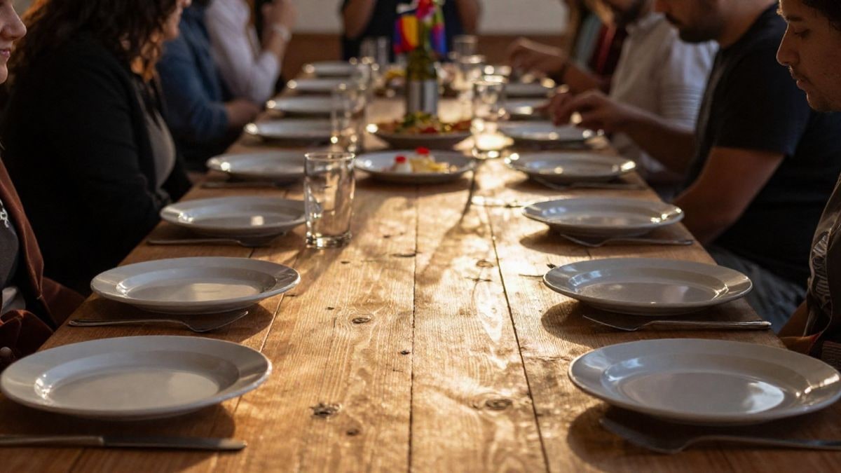 Illustrative image: wooden table set for a large lunch with warm evening light