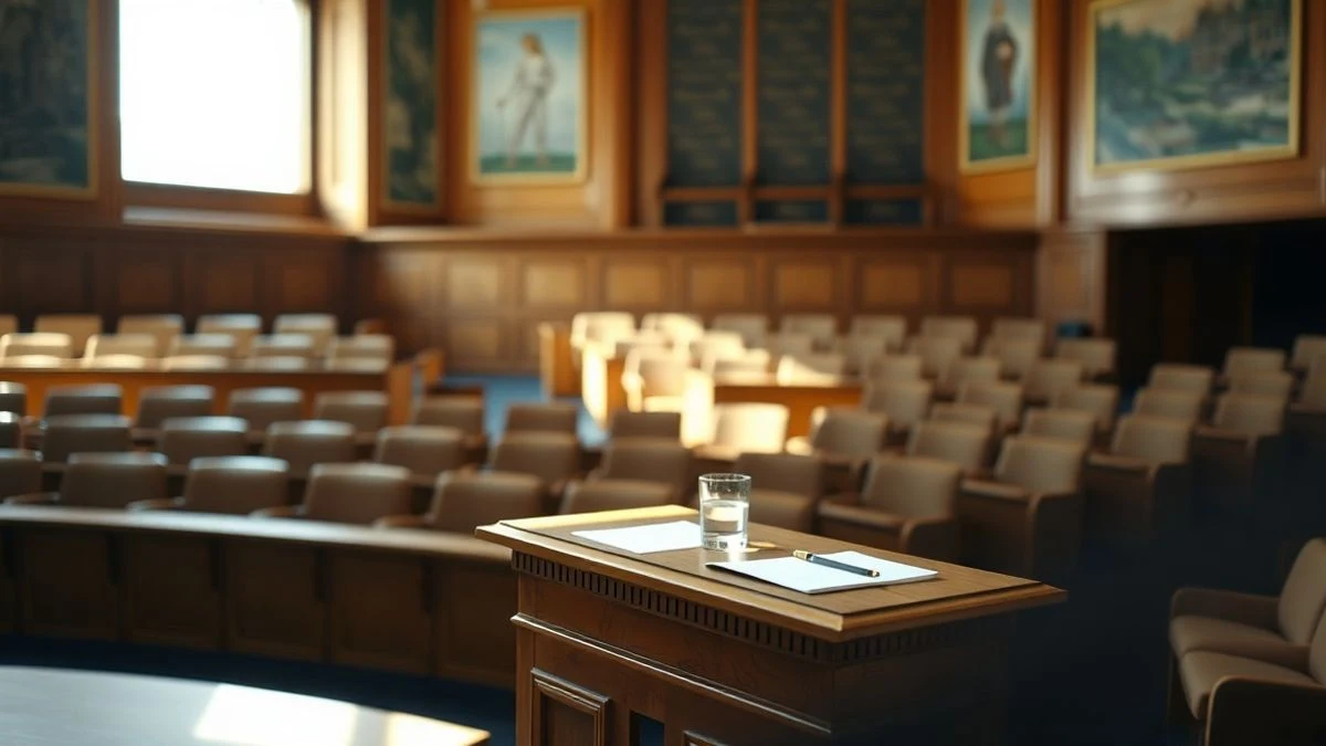 Illustrative image: a wooden lectern on a stage in an empty plenary hall, with papers and a glass of water, blurred seats in the background