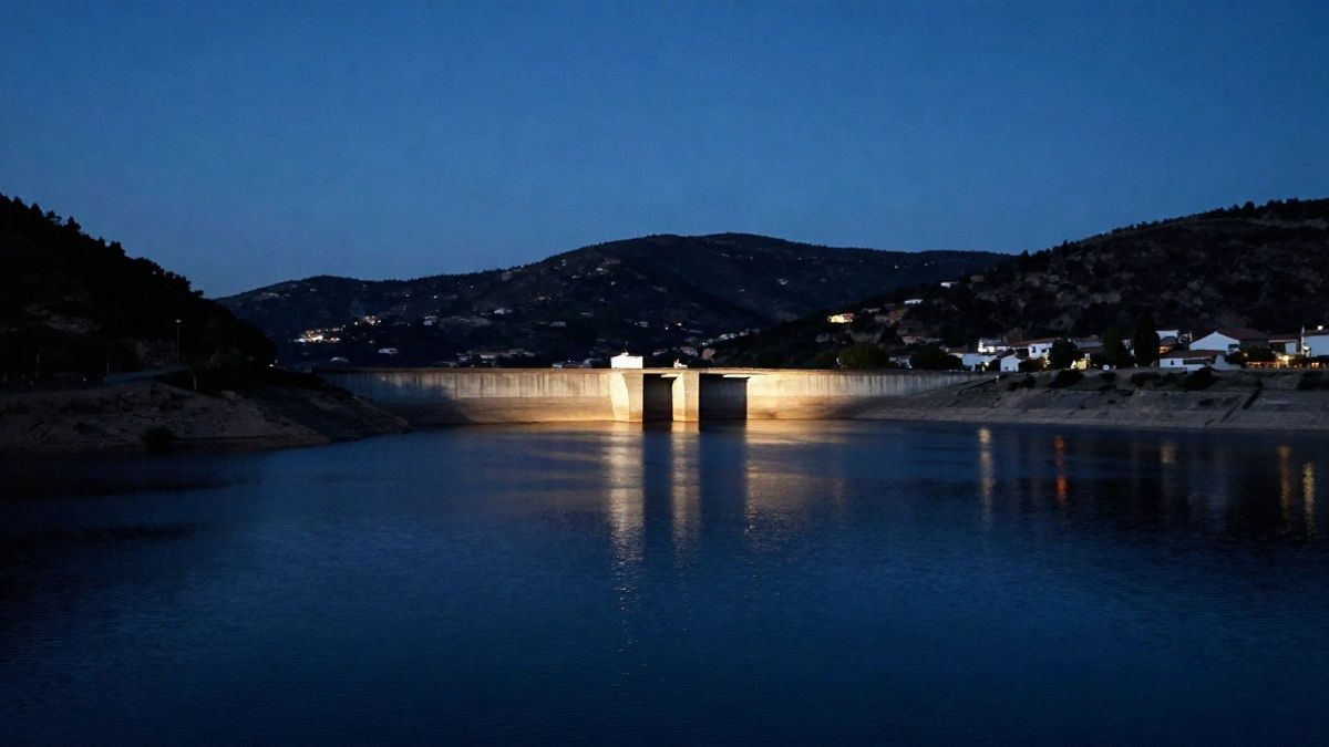 Illustrative image: a large reservoir at sunset with the dam and lights of a village in the background