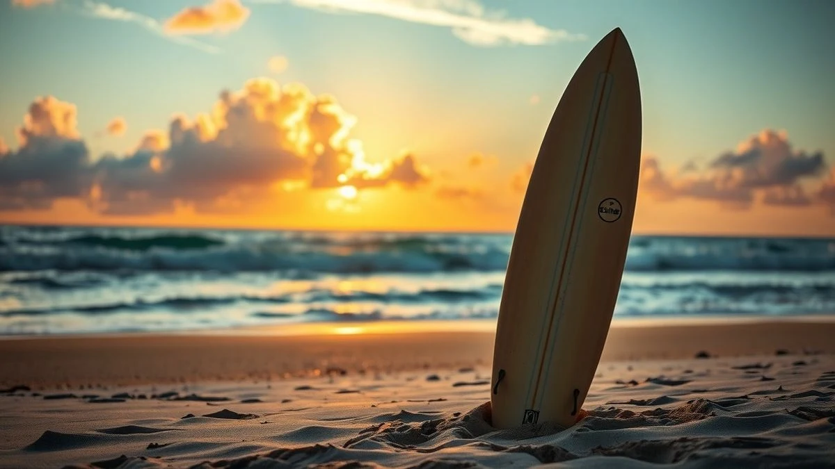 Imagen ilustrativa: una tabla de surf clavada en la arena de una playa tropical al atardecer, con el mar de fondo