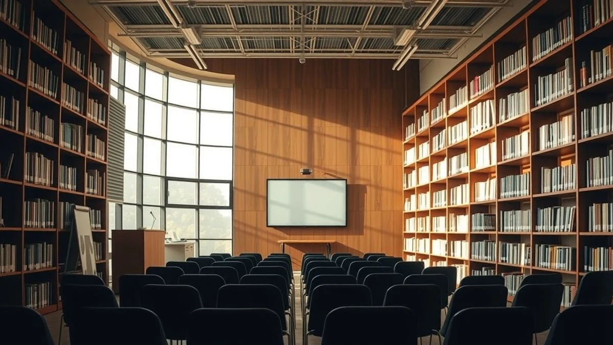 Illustrative image: interior of a modern library with natural side light and a touchscreen in the foreground, business training atmosphere.