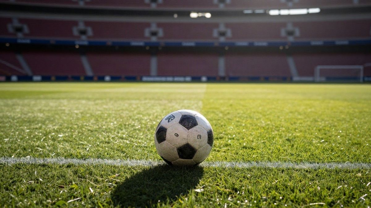 Illustrative image: a football at the centre spot of a pitch, with blurred stands in the morning light.