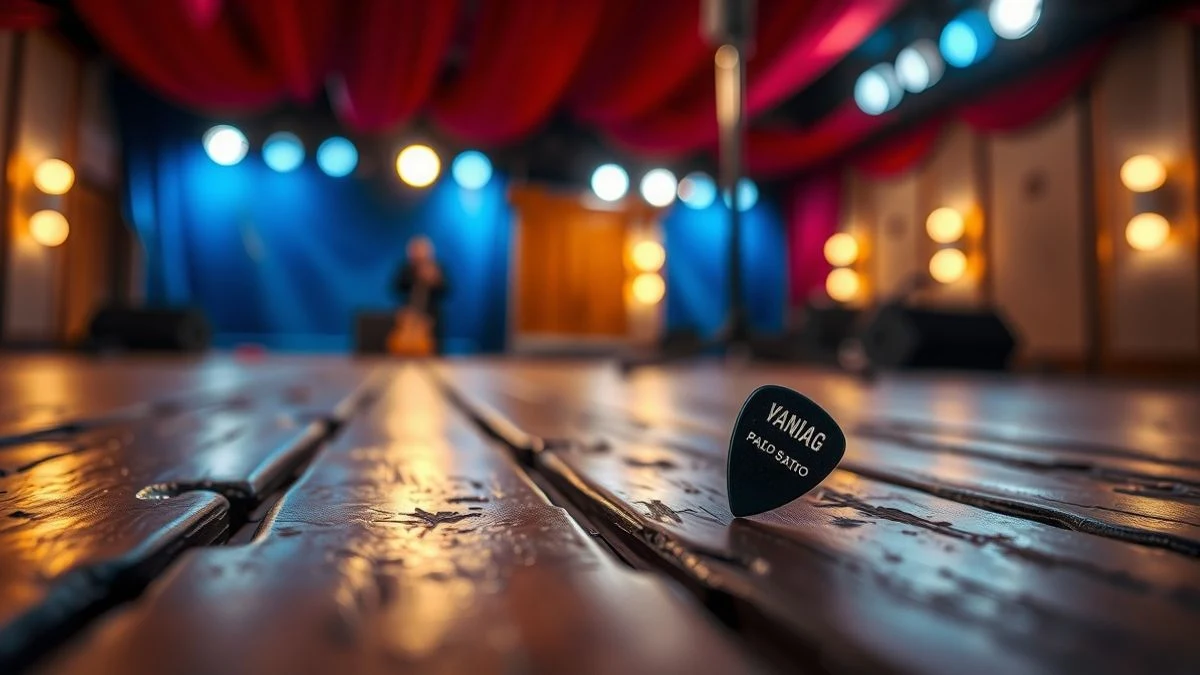 Illustrative image: a guitar pick on the wooden floor of a stage, with blurred coloured lights in the background.